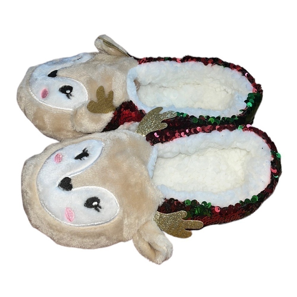 Reindeer women’s Christmas holiday sequins slippers house shoes Size Medium